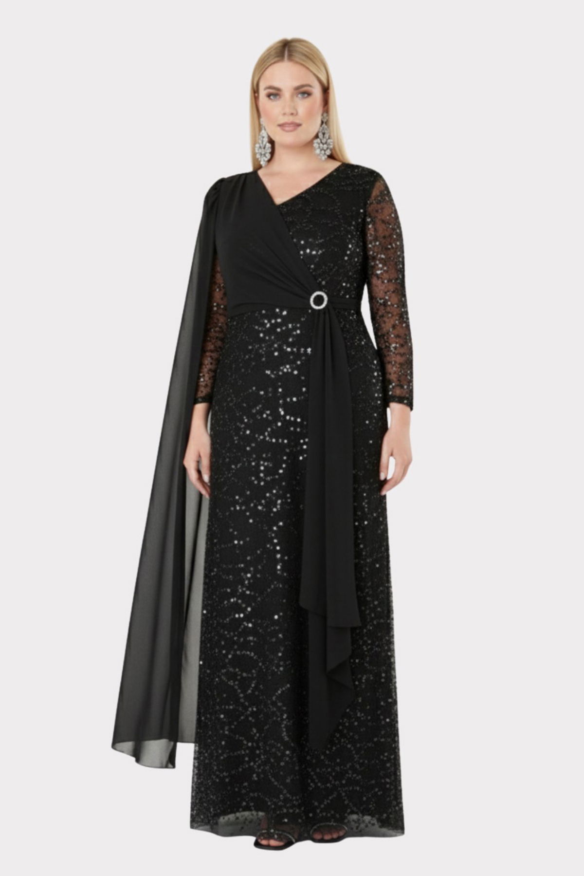 Lilas XXL Kadın Büyük Beden V Yaka Pelerin Detaylı Pul İşlemeli Uzun Abiye Elbise 2521 Siyah - 3