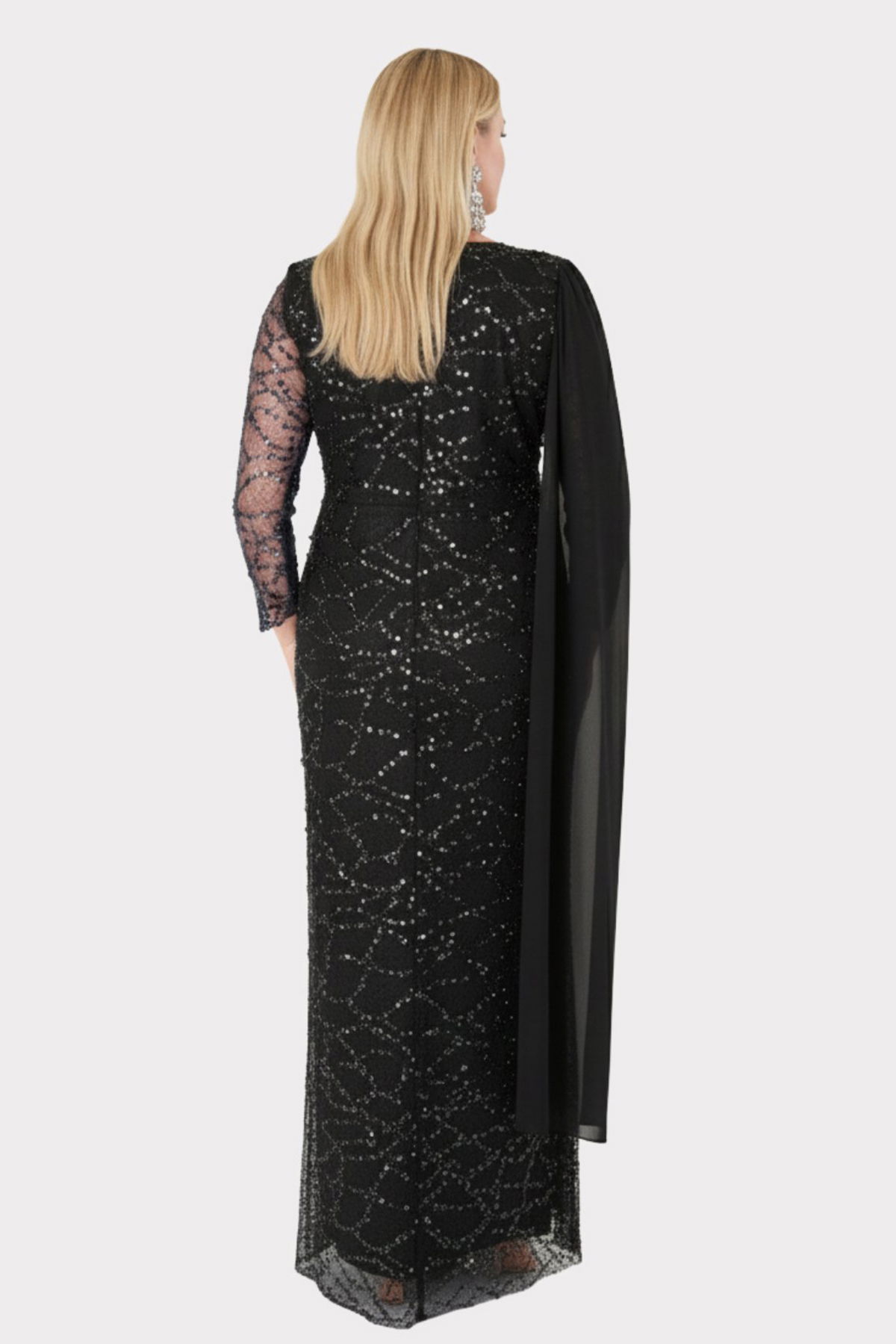 Lilas XXL Kadın Büyük Beden V Yaka Pelerin Detaylı Pul İşlemeli Uzun Abiye Elbise 2521 Siyah - 4