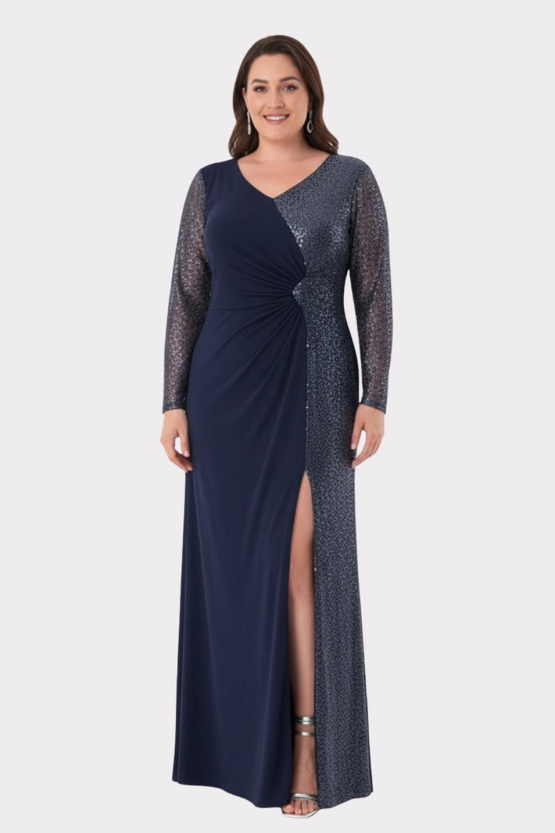 Lilas XXL Kadın Büyük Beden V Yaka Taş Detaylı Uzun Abiye Elbise 2559 Lacivert - Lilas XXL