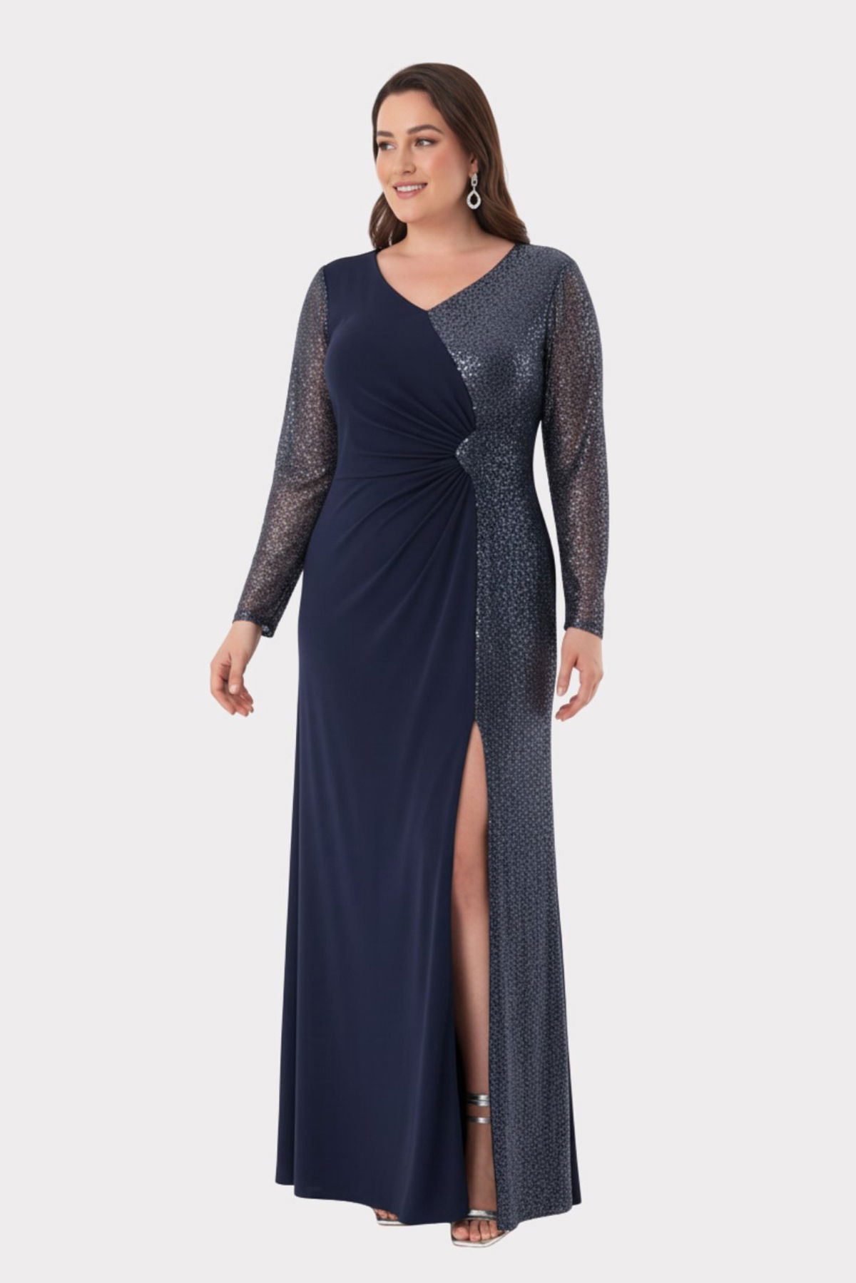 Lilas XXL Kadın Büyük Beden V Yaka Taş Detaylı Uzun Abiye Elbise 2559 Lacivert - 2