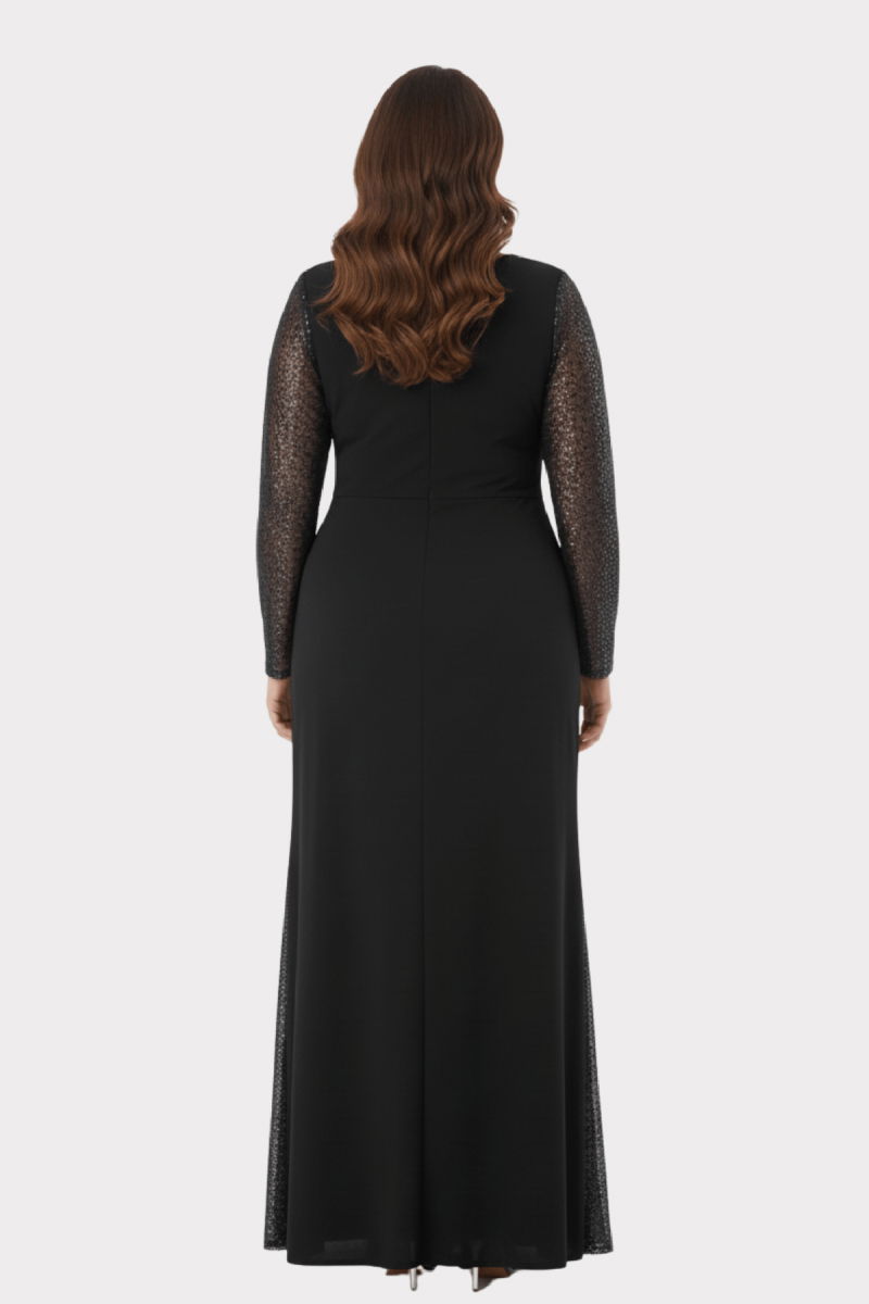 Lilas XXL Kadın Büyük Beden V Yaka Taş Detaylı Uzun Abiye Elbise 2559 Siyah - 3