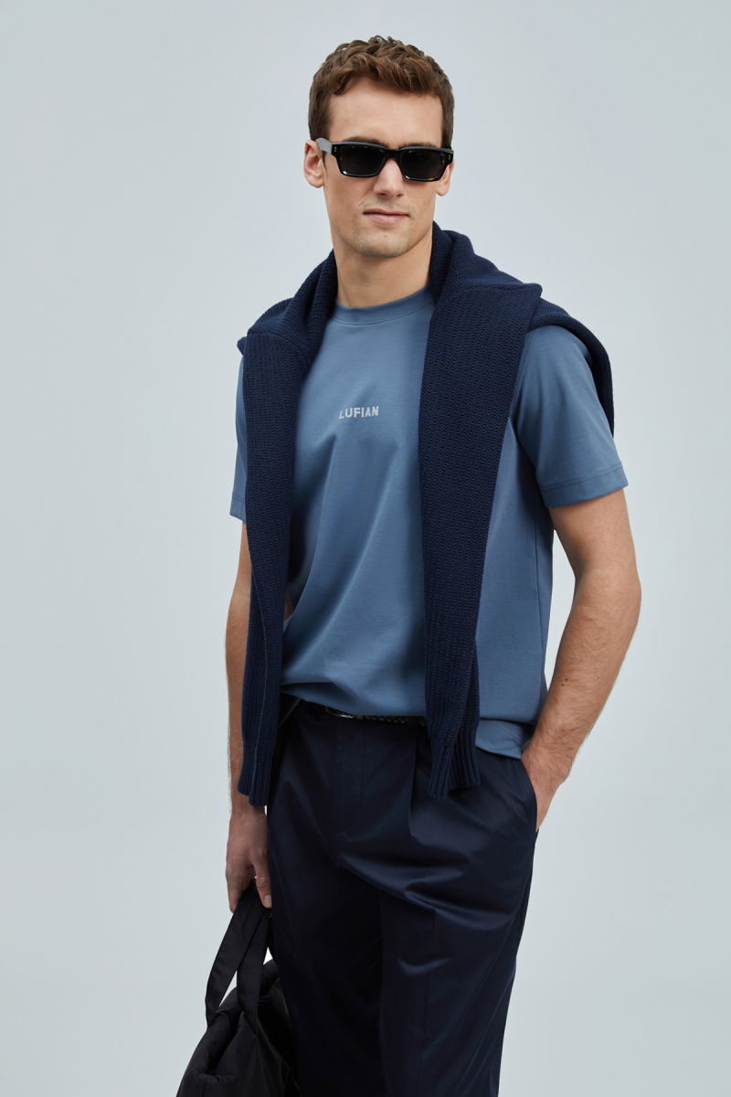 Lufian Erkek Marcus Modern Grafik T-Shirt 111020235 Koyu Mavi 