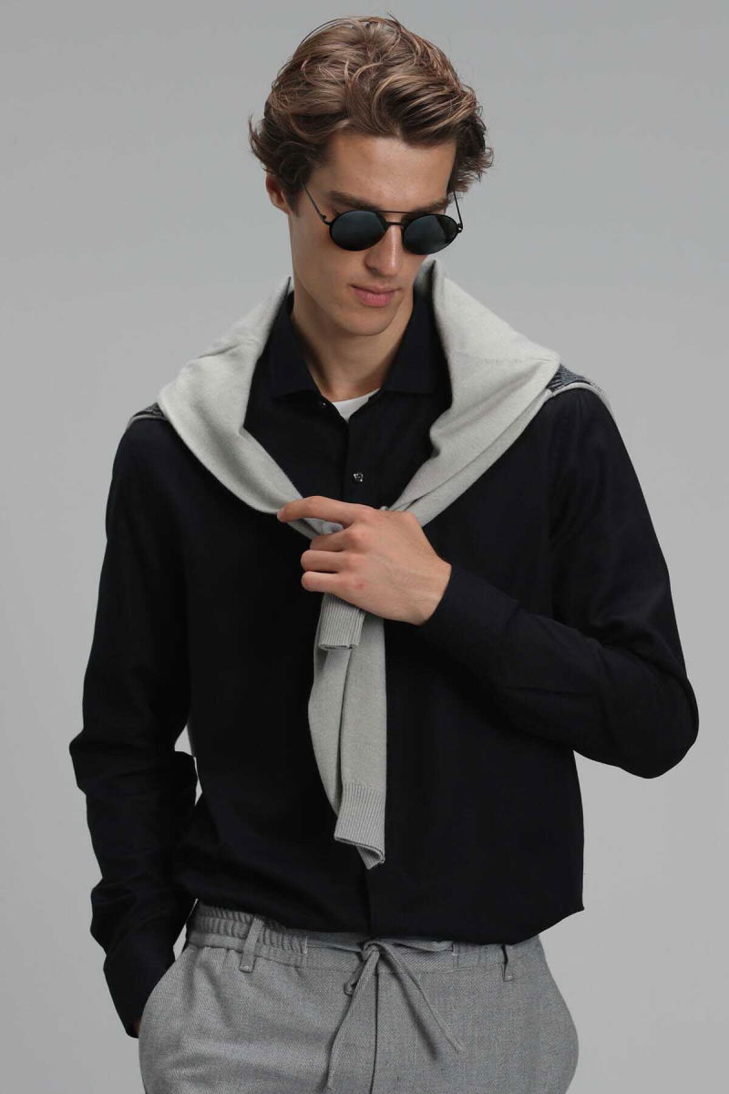 Lufian Erkek Vıana Basic Comfort Slim Fit Gömlek 112010565 Siyah - 1
