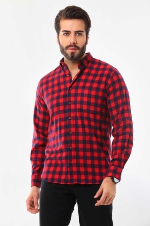 Marisso Erkek Kare Desenli Uzun Kol %100 Pamuk Gömlek 019YNC Kırmızı - 1