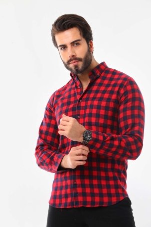 Marisso Erkek Kare Desenli Uzun Kol %100 Pamuk Gömlek 019YNC Kırmızı - 3