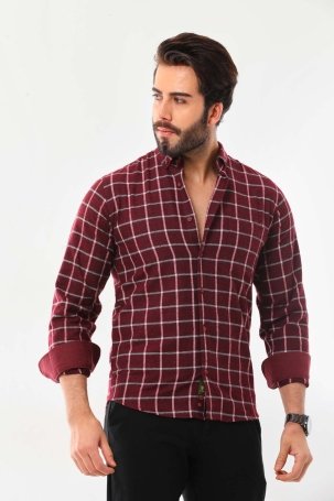 Marisso Erkek Kare Desenli Uzun Kol %100 Pamuk Gömlek 1502 Bordo - 3