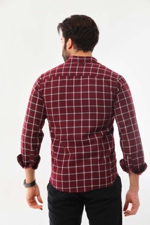 Marisso Erkek Kare Desenli Uzun Kol %100 Pamuk Gömlek 1502 Bordo - 4