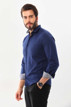 Marisso Erkek Tek Cepli Uzun Kol %100 Pamuk Gömlek AYM500 Lacivert - 3
