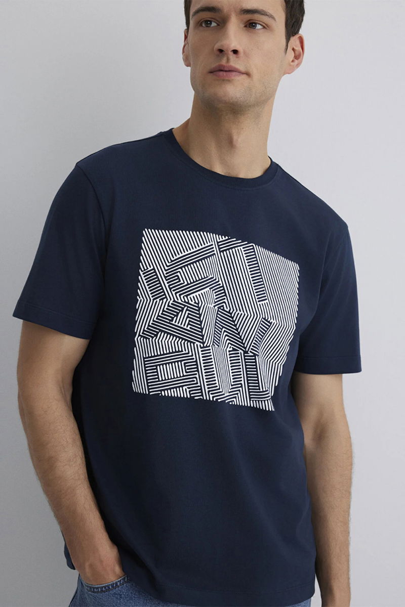 Mavi Erkek Baskı Detaylı %100 Pamuk T-Shirt M0612990 Lacivert - Mavi