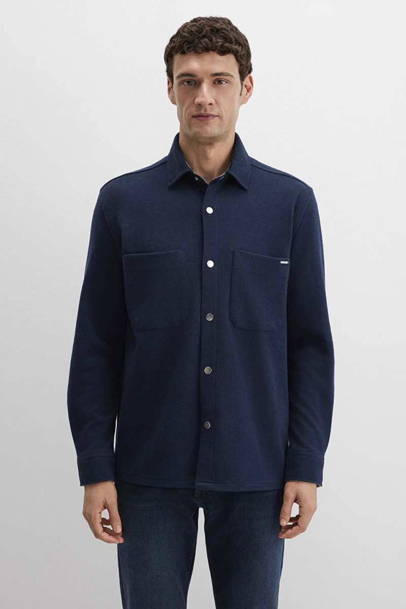 Mavi Erkek Çift Cepli Pamuklu Uzun Kol Gömlek M0211771 Lacivert - 4