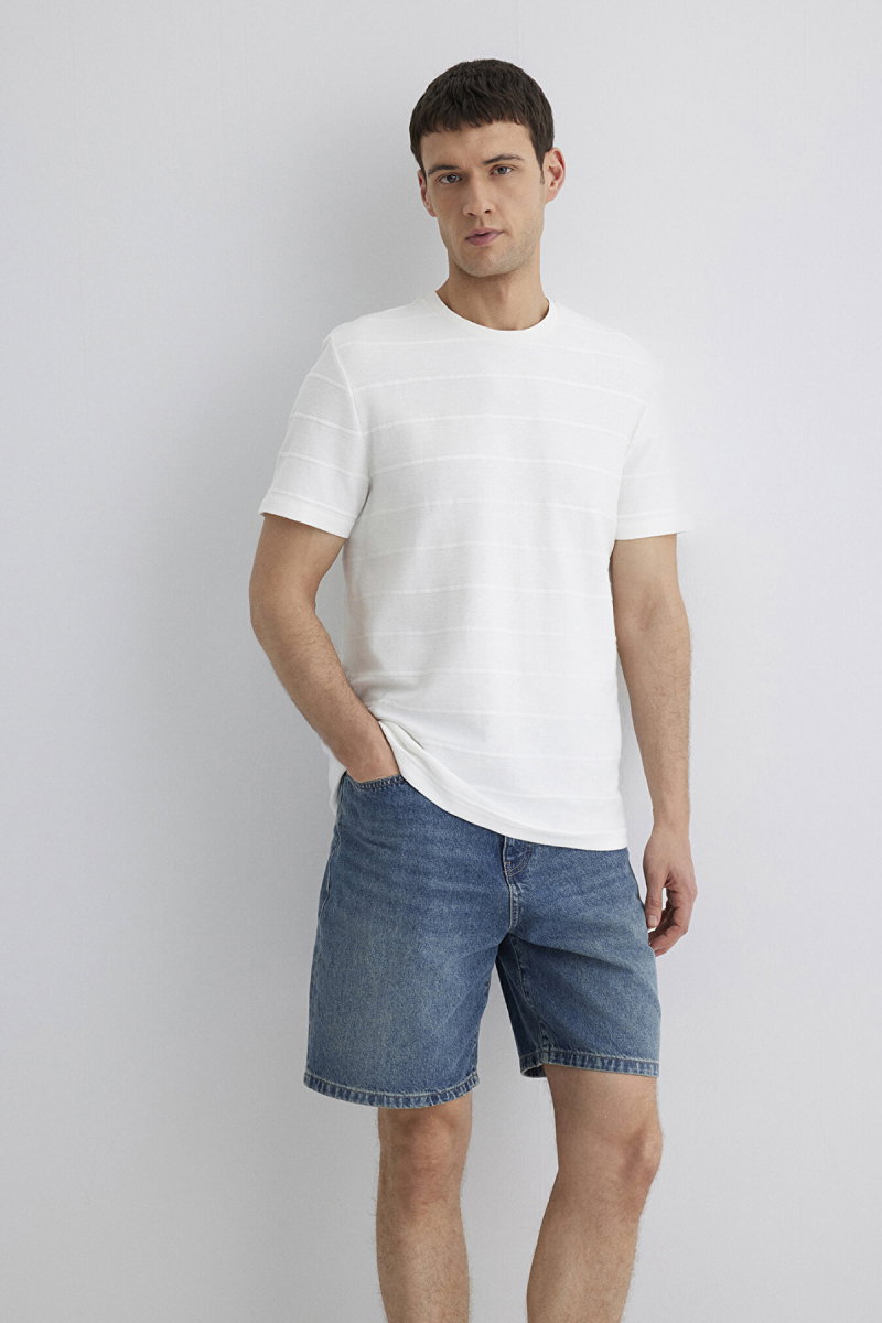 Mavi Erkek Çizgi Detaylı T-Shirt M0611409-70057 Kırık Beyaz - Mavi