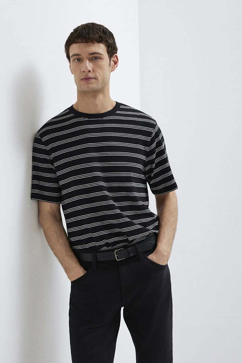 Mavi Erkek Çizgili Kısa Kollu Pamuklu T-Shirt M0613134 Siyah - Mavi