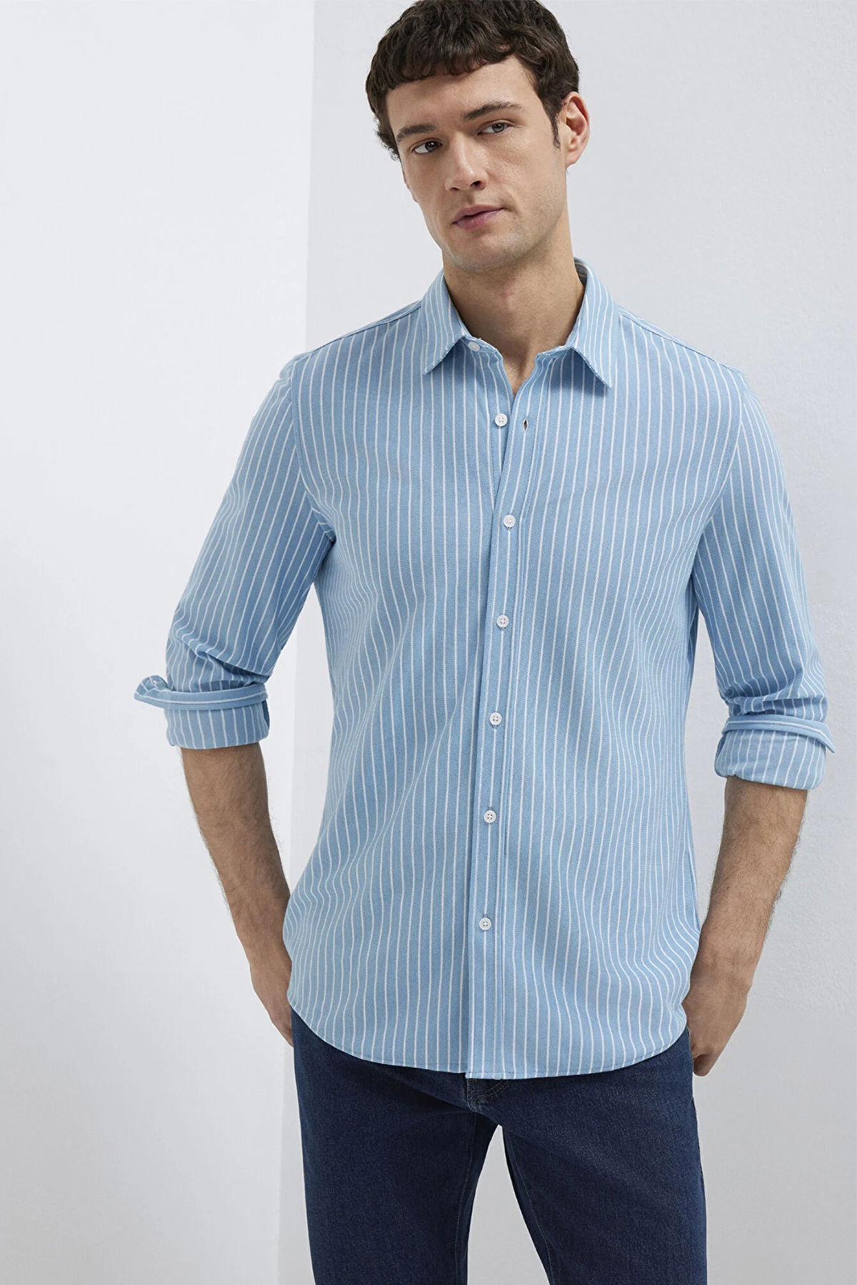Mavi Erkek Çizgili Uzun Kollu Gömlek M0211404 Mavi - 1
