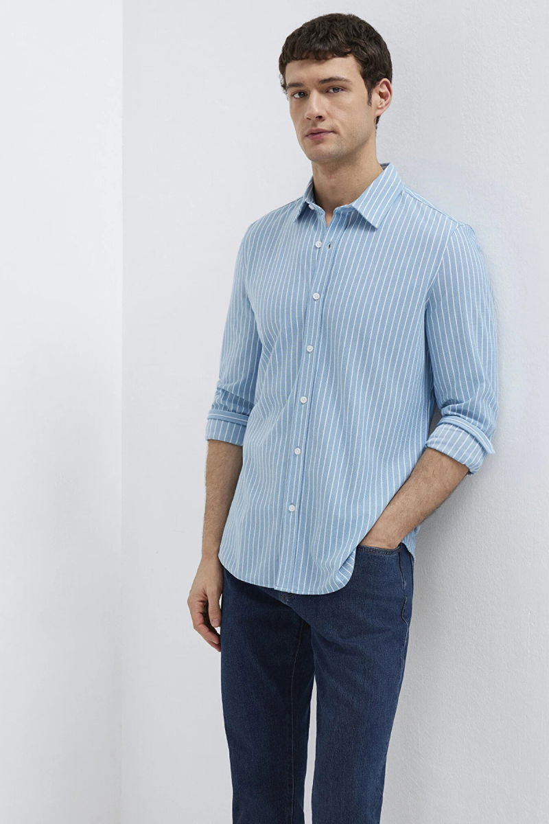 Mavi Erkek Çizgili Uzun Kollu Gömlek M0211404 Mavi - 2