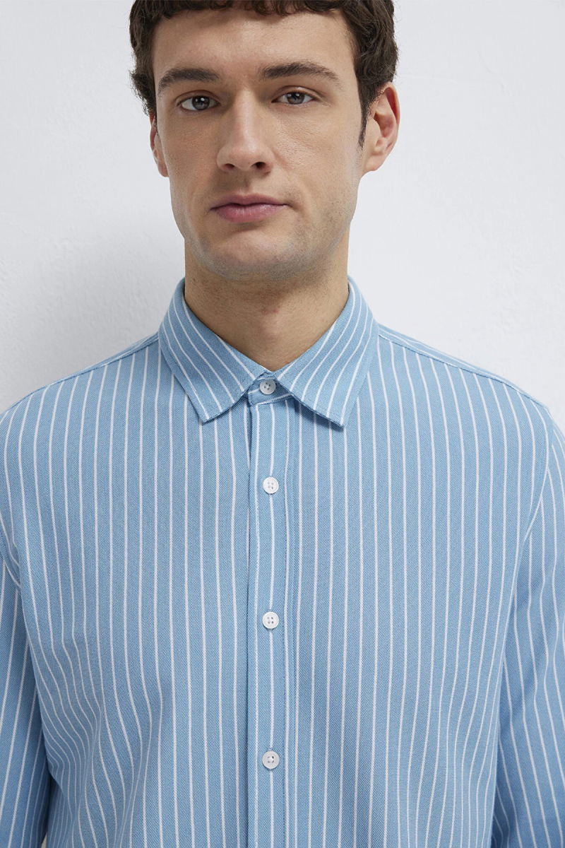 Mavi Erkek Çizgili Uzun Kollu Gömlek M0211404 Mavi - 3