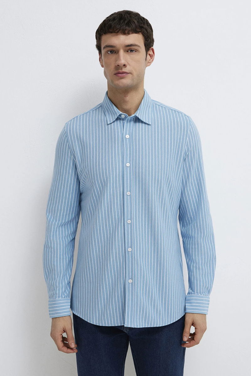 Mavi Erkek Çizgili Uzun Kollu Gömlek M0211404 Mavi - 4