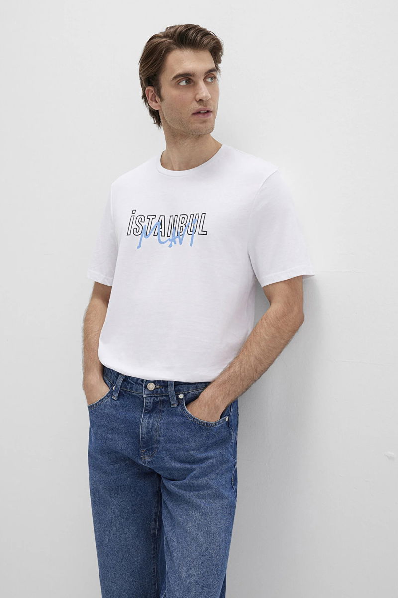 Mavi Erkek İstanbul Baskılı %100 Pamuk T-Shirt M067114 Beyaz - Mavi