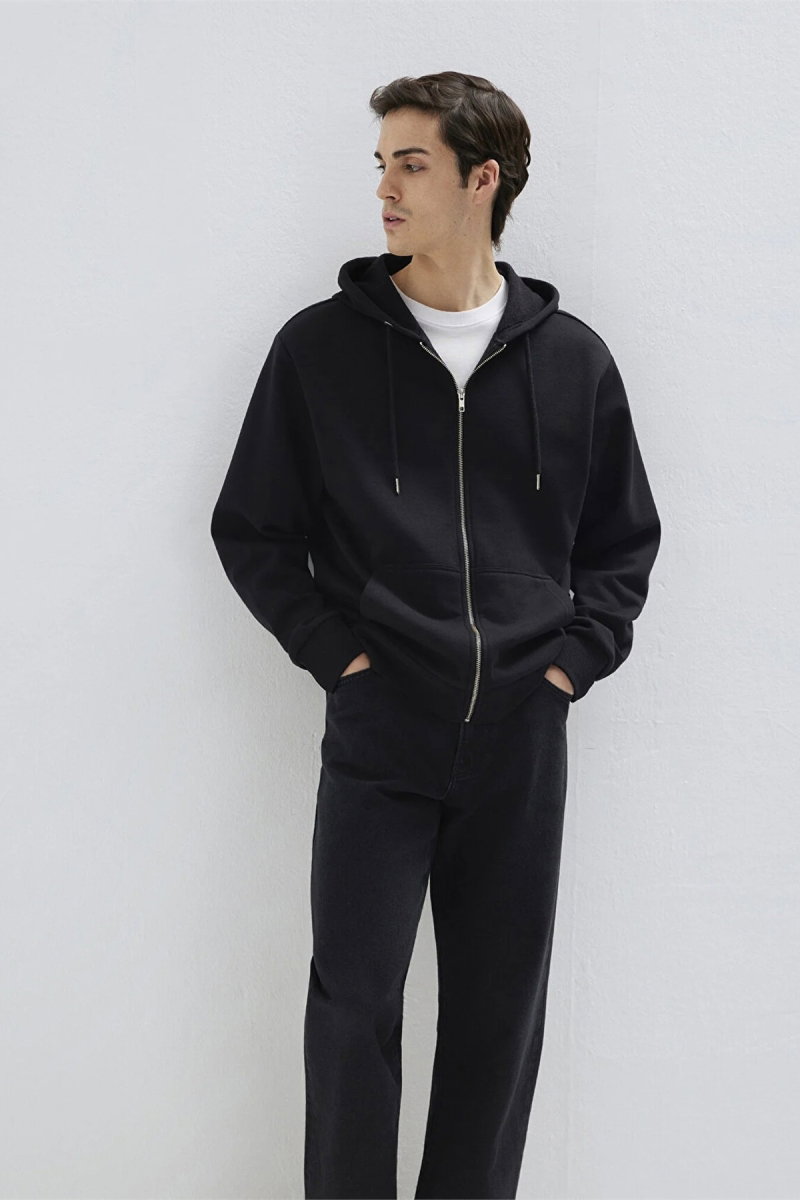 Mavi Erkek Kapüşonlu Fermuarlı Basic Sweatshirt Siyah - Mavi