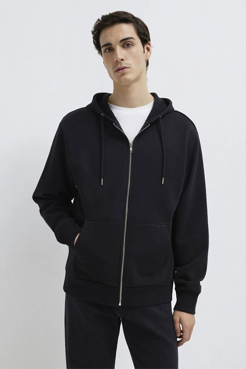 Mavi Erkek Kapüşonlu Fermuarlı Basic Sweatshirt Siyah - 2