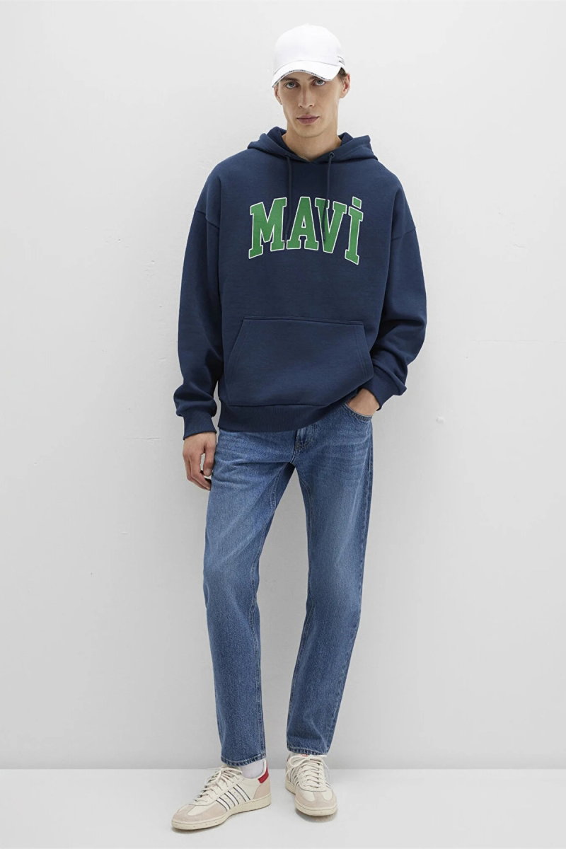 Mavi Erkek Logo Baskılı Kapüşonlu Sweatshirt Gece Lacivert - 2