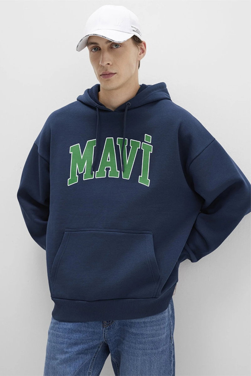 Mavi Erkek Logo Baskılı Kapüşonlu Sweatshirt Gece Lacivert - 3