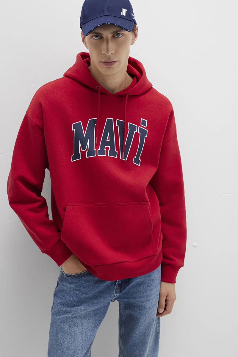 Mavi Erkek Logo Baskılı Kapüşonlu Sweatshirt M067149 Kırmızı - 2