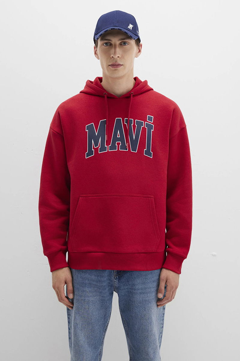 Mavi Erkek Logo Baskılı Kapüşonlu Sweatshirt M067149 Kırmızı - 3
