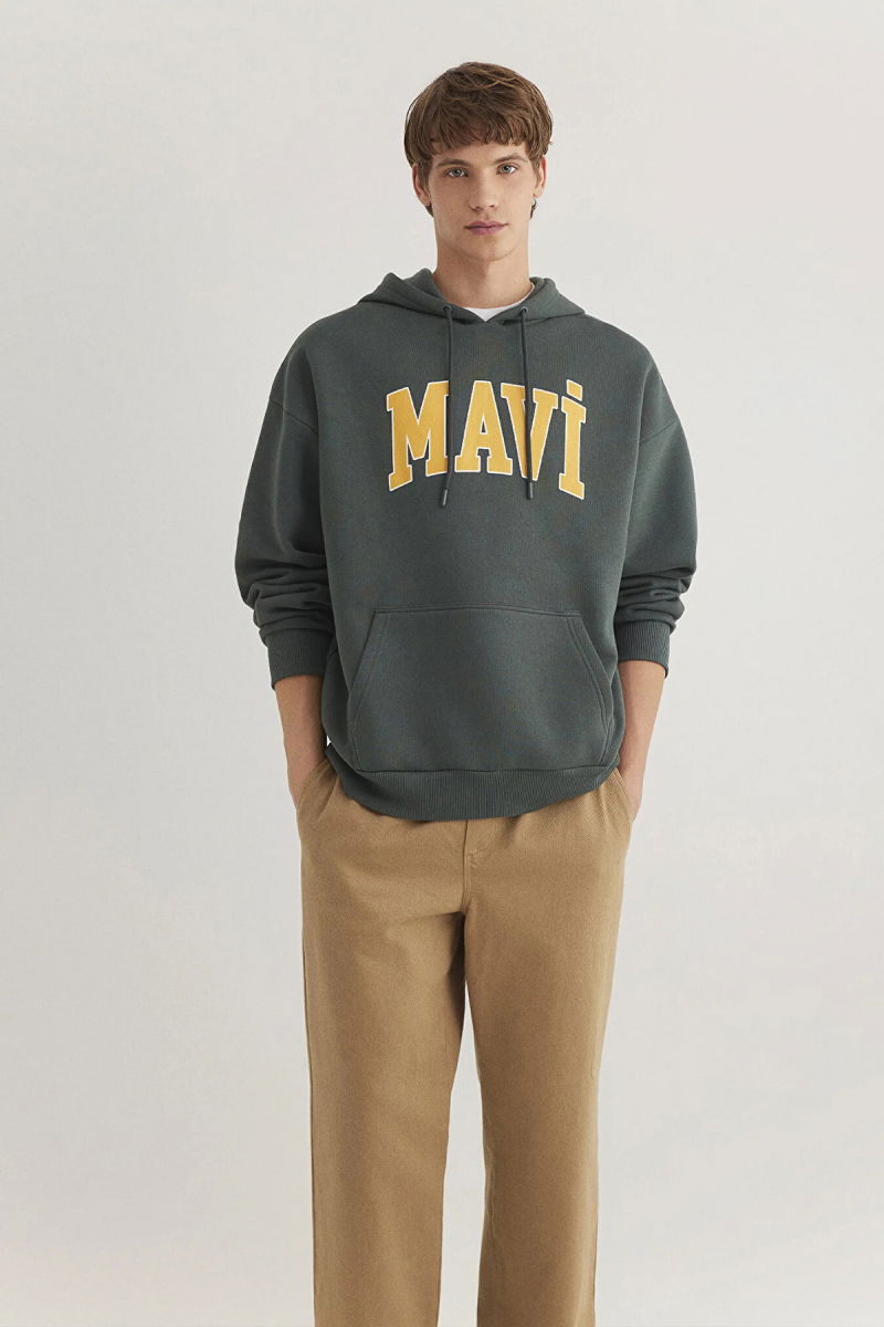 Mavi Erkek Logo Baskılı Kapüşonlu Sweatshirt M067149 Koyu Yeşil - Mavi