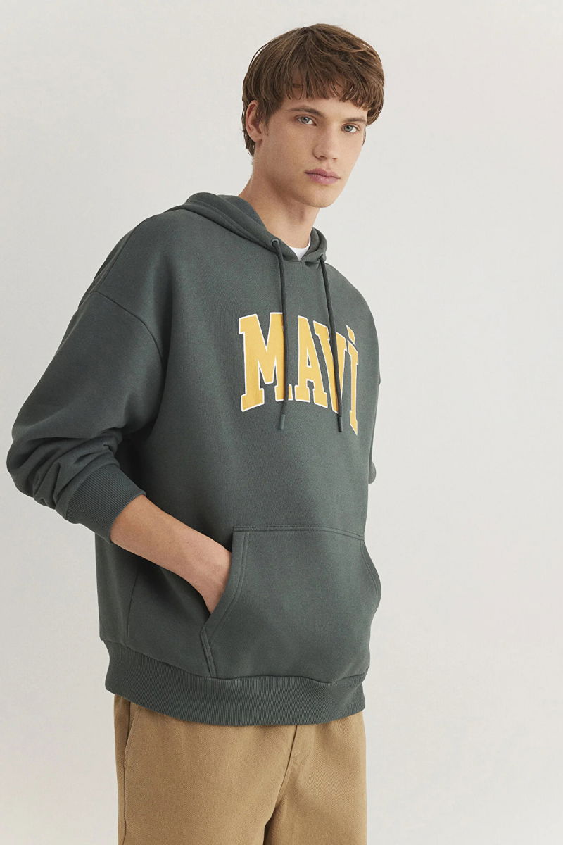 Mavi Erkek Logo Baskılı Kapüşonlu Sweatshirt M067149 Koyu Yeşil - 2