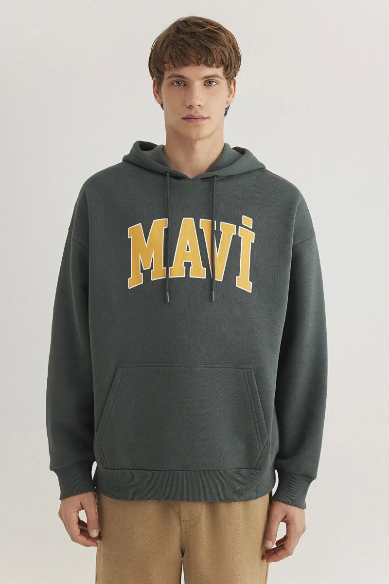 Mavi Erkek Logo Baskılı Kapüşonlu Sweatshirt M067149 Koyu Yeşil - 3