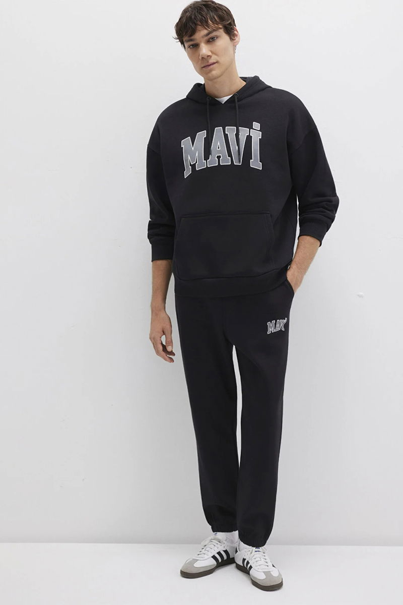 Mavi Erkek Logo Baskılı Kapüşonlu Sweatshirt M067149 Siyah - 2