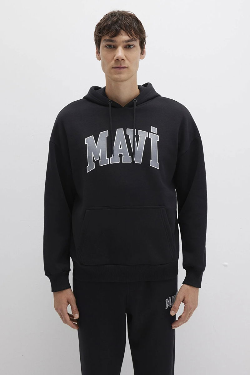 Mavi Erkek Logo Baskılı Kapüşonlu Sweatshirt M067149 Siyah - 3