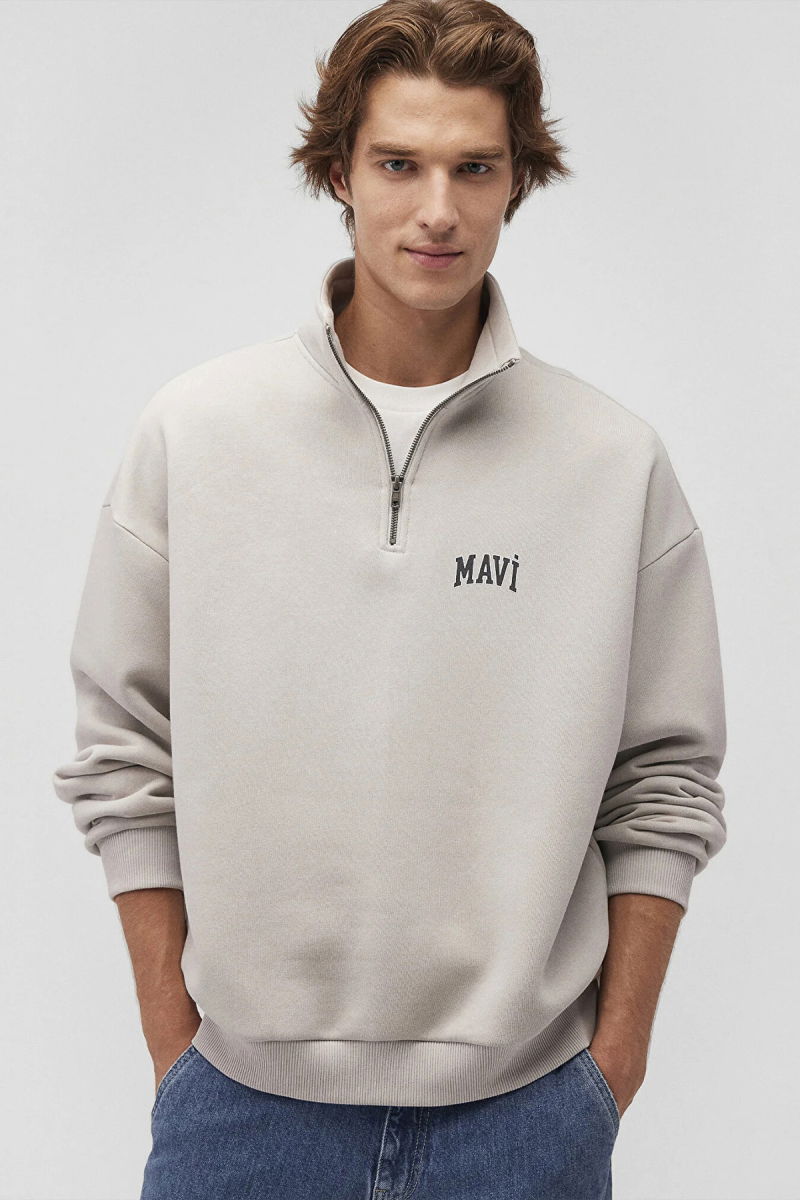 Mavi Erkek Logo Baskılı Yarı Fermuarlı Sweatshirt M0S10208 Açık Gri - Mavi