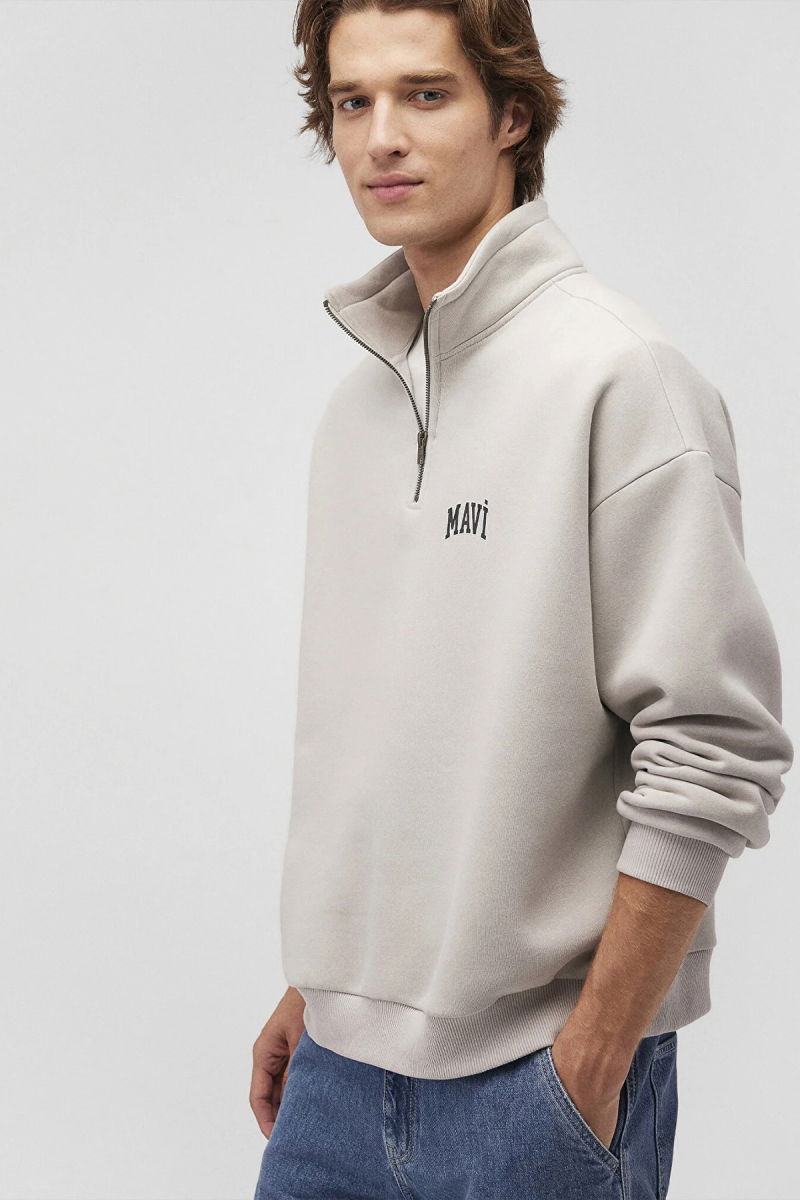 Mavi Erkek Logo Baskılı Yarı Fermuarlı Sweatshirt M0S10208 Açık Gri - 2