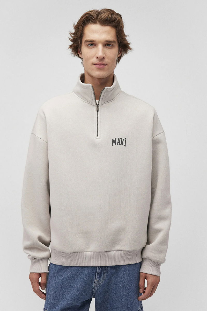 Mavi Erkek Logo Baskılı Yarı Fermuarlı Sweatshirt M0S10208 Açık Gri - 3