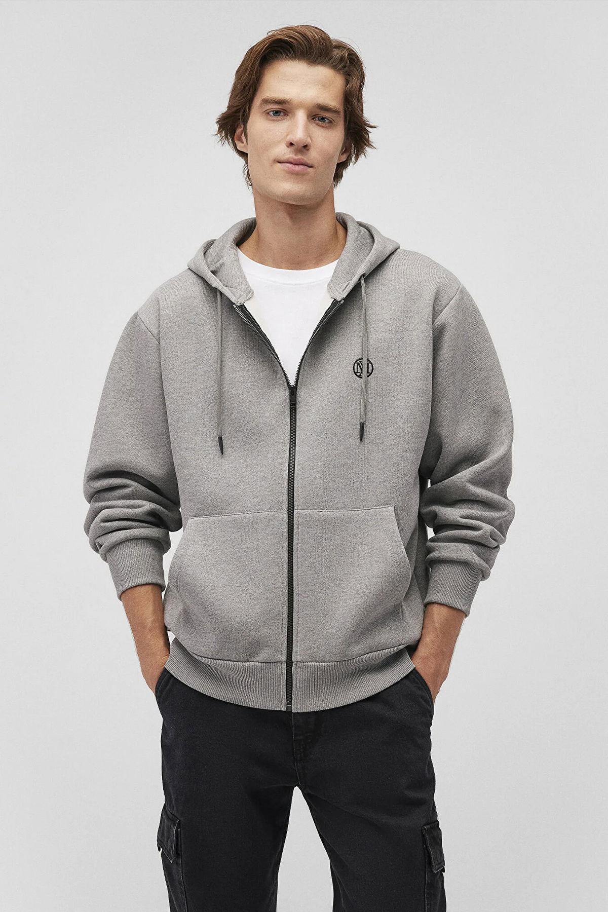 Mavi Erkek Logolu Kapüşonlu Fermuarlı Sweatshirt M066979 Gri Melanj - 1