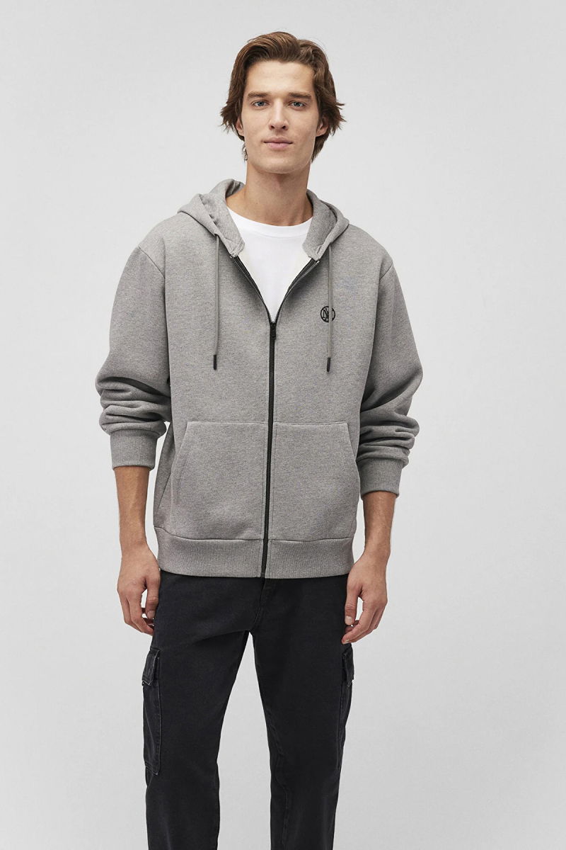 Mavi Erkek Logolu Kapüşonlu Fermuarlı Sweatshirt M066979 Gri Melanj - 2
