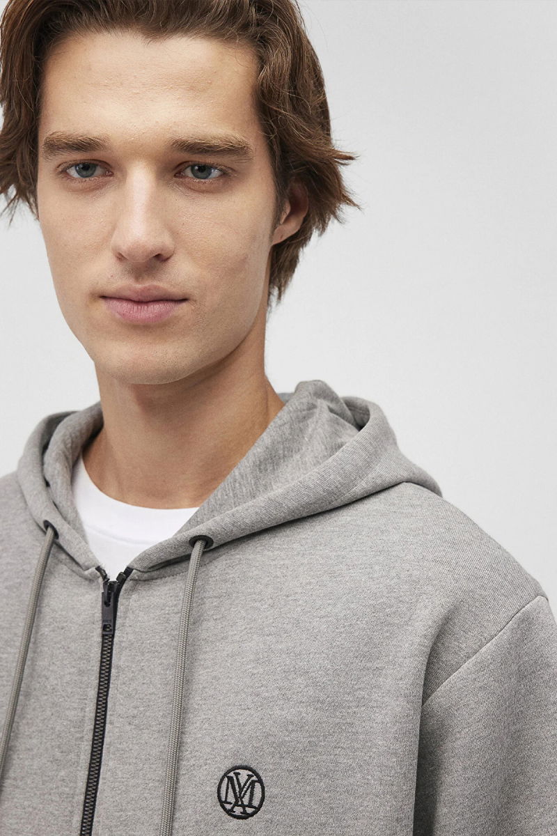 Mavi Erkek Logolu Kapüşonlu Fermuarlı Sweatshirt M066979 Gri Melanj - 3