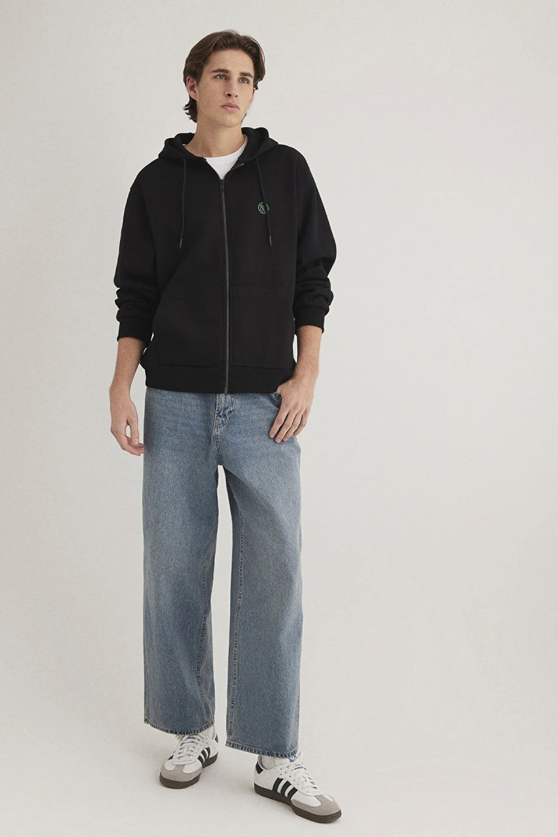 Mavi Erkek Logolu Kapüşonlu Fermuarlı Sweatshirt M066979 Siyah - 2