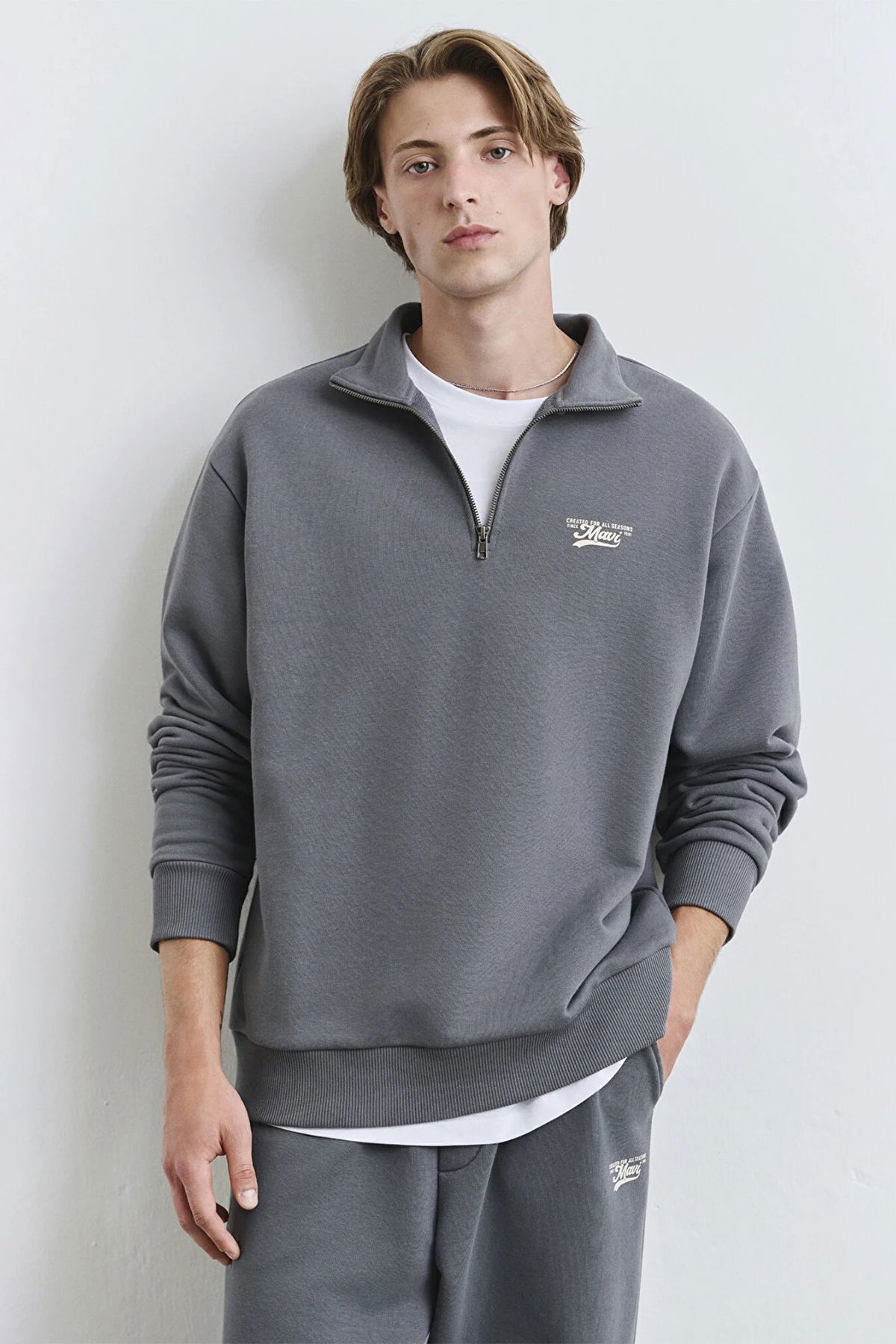 Mavi Erkek Logolu Yarı Fermuarlı Sweatshirt M0S10465-80776 Gri - 1