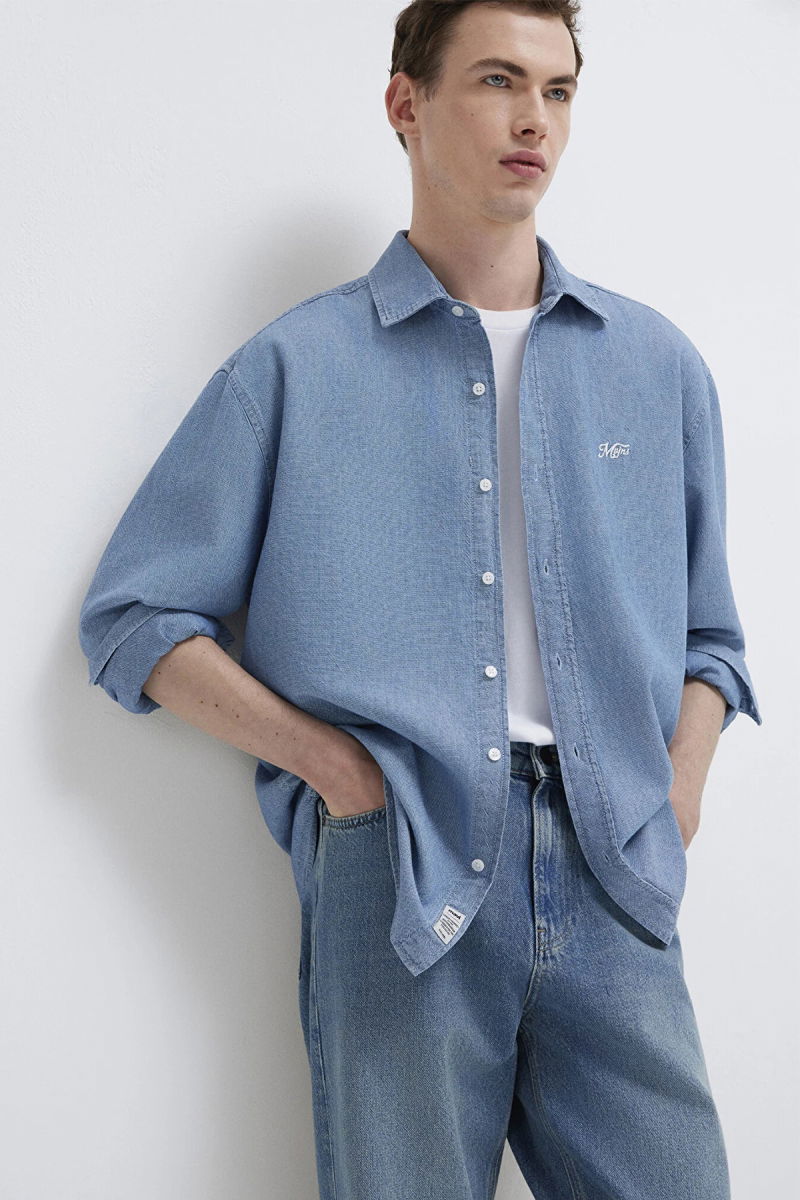 Mavi Erkek Nakışlı Uzun Kollu %100 Pamuk Gömlek M0211885 Indigo - Mavi