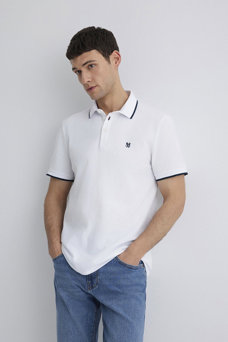 Mavi Erkek Şerit Detaylı Polo T-Shirt M066039 Beyaz - Mavi