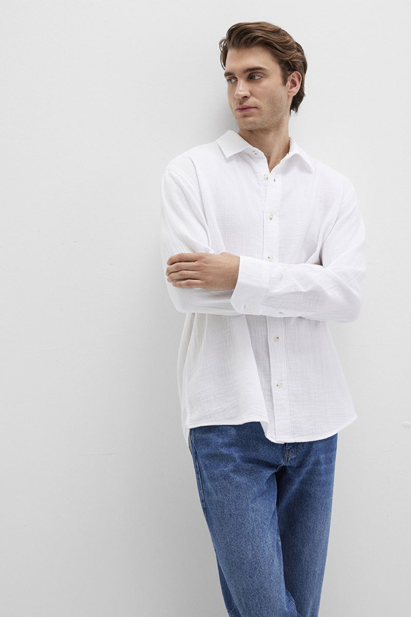 Mavi Erkek Uzun Kollu %100 Pamuk Gömlek M0211518 Beyaz - Mavi