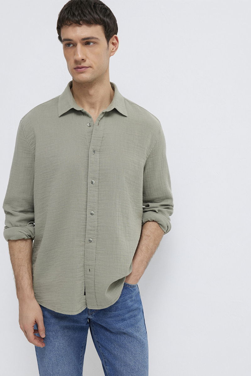 Mavi Erkek Uzun Kollu %100 Pamuk Gömlek M0211518 Gölge Gri - Mavi