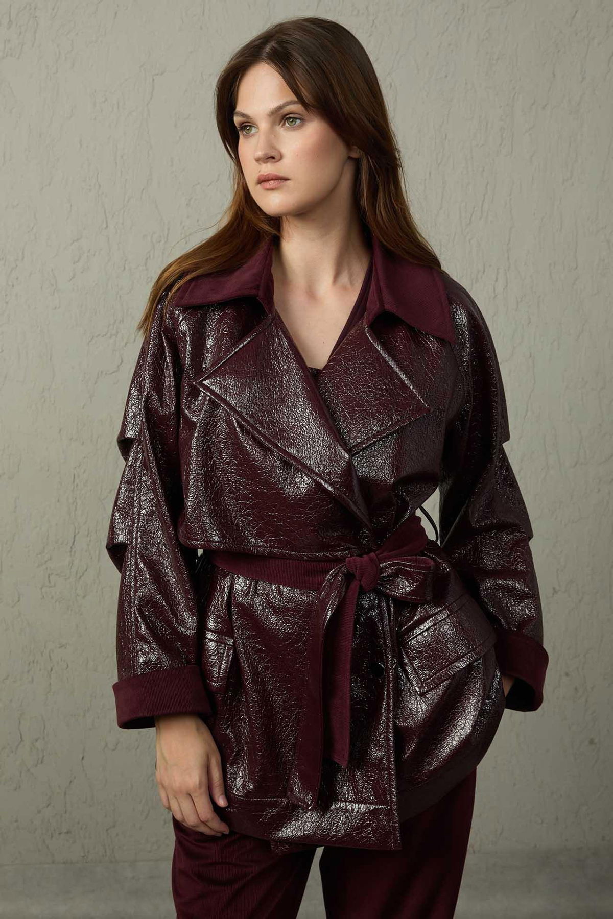 Mezzura Kadın Belden Bağlamalı Deri Trençkot 1515 Bordo - 1