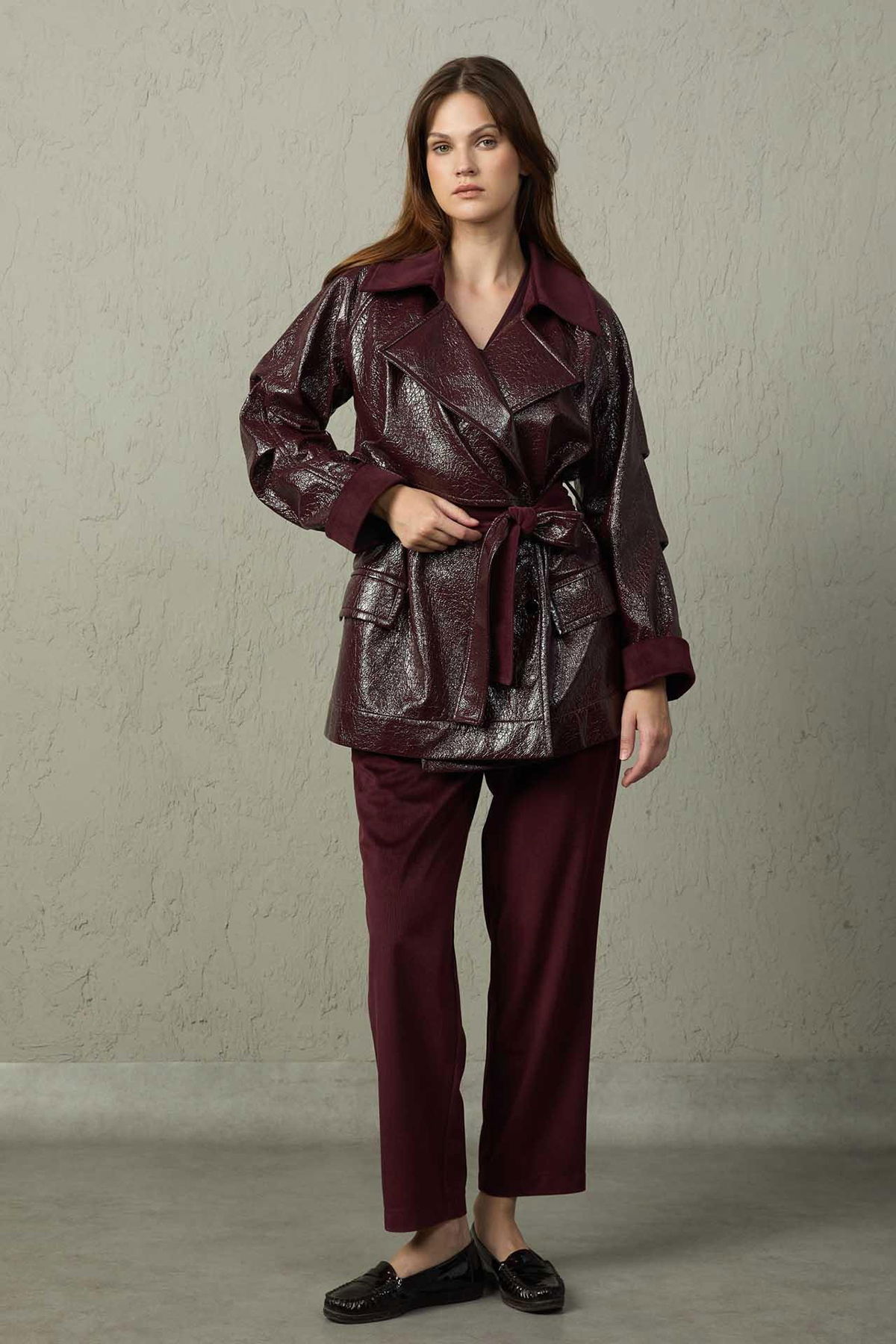 Mezzura Kadın Belden Bağlamalı Deri Trençkot 1515 Bordo - 2