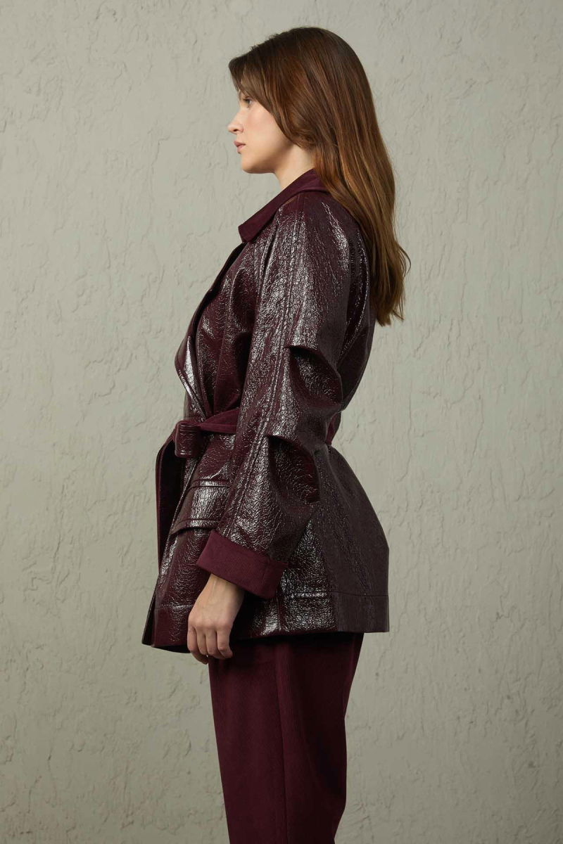 Mezzura Kadın Belden Bağlamalı Deri Trençkot 1515 Bordo - 3