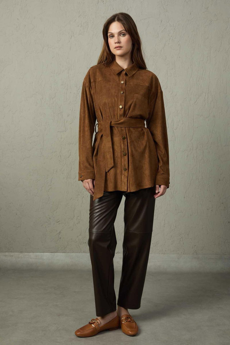 Mezzura Kadın Belden Bağlamalı Süet Tunik 1513 Kahverengi - Mezzura