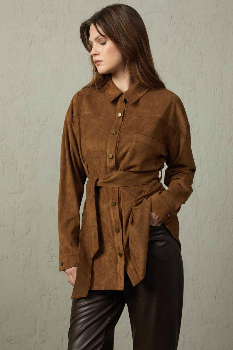 Mezzura Kadın Belden Bağlamalı Süet Tunik 1513 Kahverengi - 2