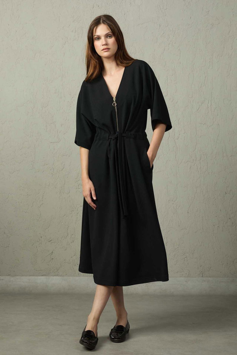 Mezzura Kadın Belden Bağlamalı ve Büzgülü Önden Fermuarlı Midi Elbise 1512 Siyah - 2